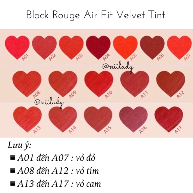 [Mã SKAMA8 giảm 8% đơn 300K] (A01 đến A17) Son Black Rouge Air-Fit Velvet Tint