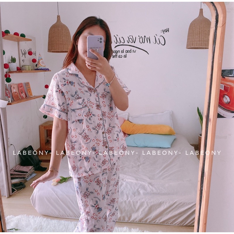 Đồ mặc nhà nữ Pyjama ngắn, dài tay THỎ MUSLIN cao cấp Labeony