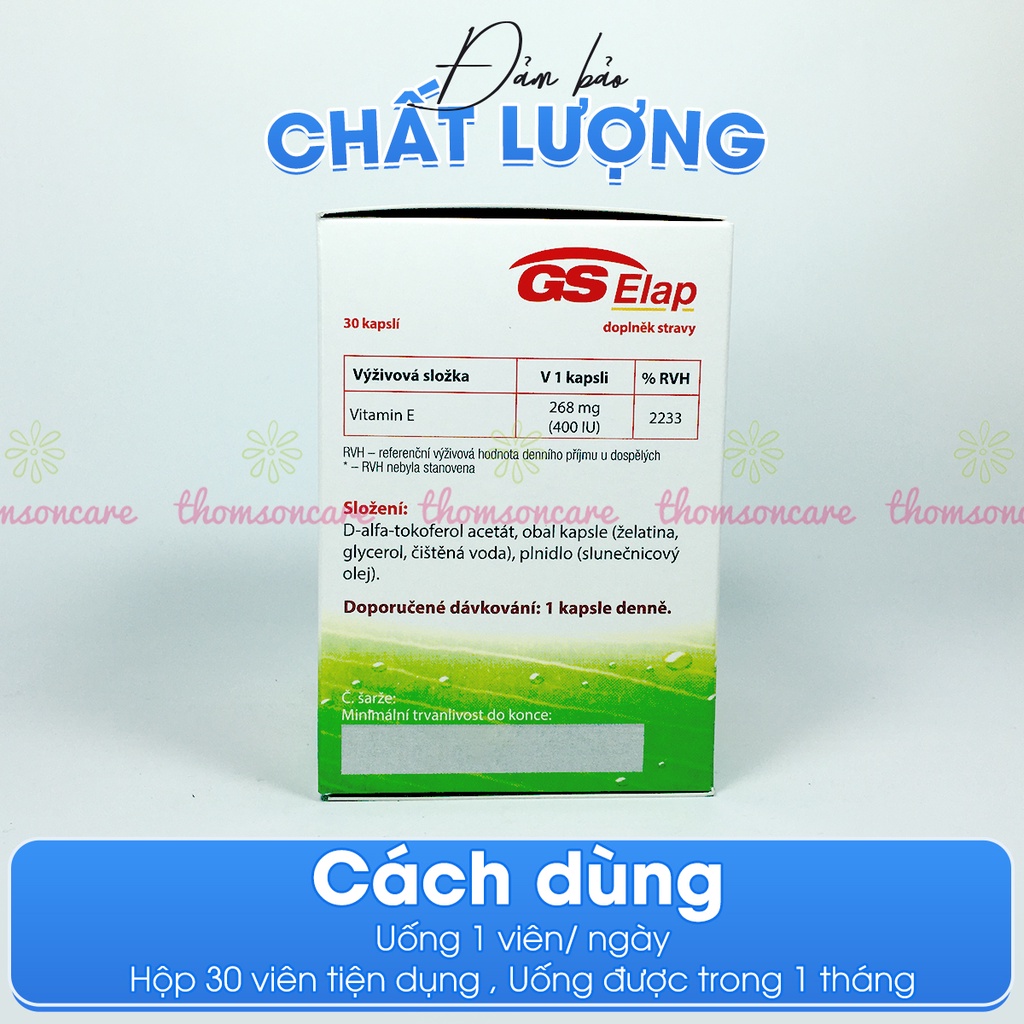 Vitamin E 400IU GS Elap, nhập khẩu từ Châu Âu, hộp 30 viên bổ sung vtm Enat hữu cơ, đẹp da