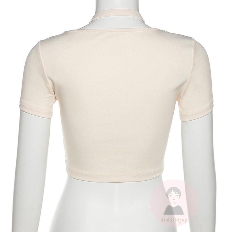 Áo Thun Ngắn Tay Ôm Dáng Phối Dây Xích Thắt Nút Ngực Màu Sắc Độc Đáo Thời Trang Mùa Hè Cho Nữ