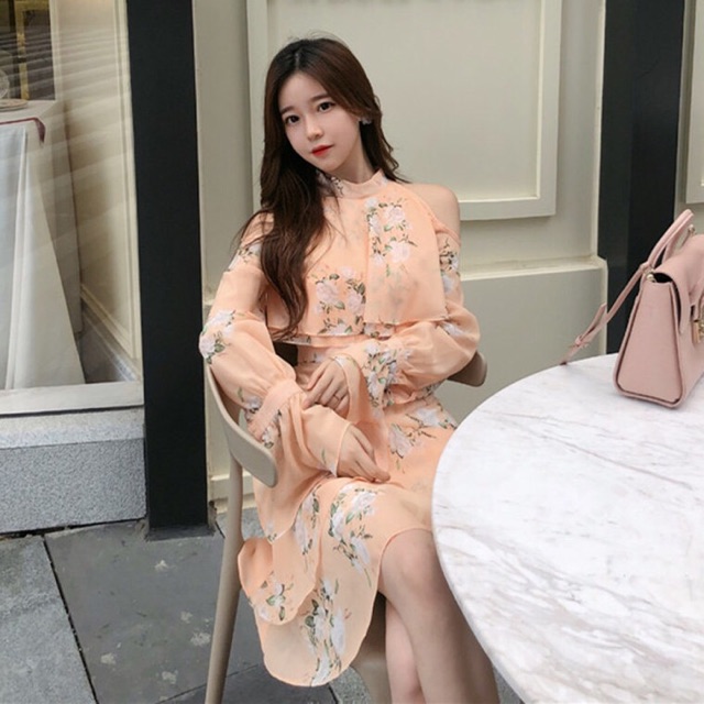 [ẢNH THẬT/ Sẵn] Đầm hoa nhí khoét vai thư ký Kim. Váy hoa tay bèo hai tầng. | BigBuy360 - bigbuy360.vn