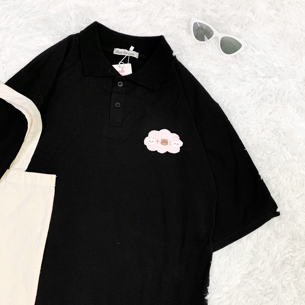 Áo Thun Polo Xẻ Tà Cổ Trụ Tay Lỡ THỎ VÀ GẤU Unisex nam nữ form rộng pull Ulzzang Streetwear Hàn Quốc vải mềm