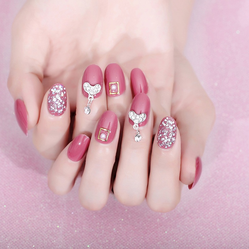 Móng giả đính đá Móng tay giả đính đá dài nhọn/Họa Tiết Trái Tim/ Nơ Thời Trang Có Keo Dán