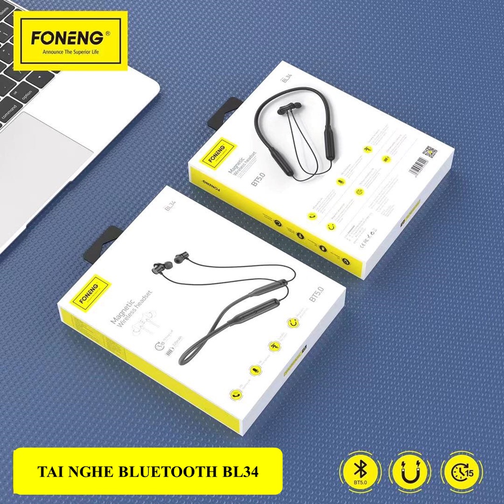 Tai nghe FONENG FLAGSHIP Bluetooth Quàng cổ BL34 Chính hãng BH 12 tháng Pin 15 giờ sử dụng