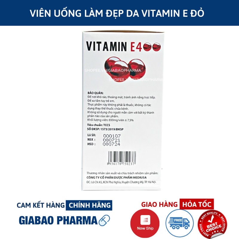 Viên Uống đẹp da Vitamin E Đỏ 4000mcg, Aloe vera 500mg chống lão hóa - Hộp 100 viên chống lão hóa da