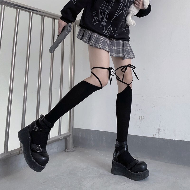 Japanese Cross Straps Knee High Socks Female Stockings Lolita Kawaii Cotton Bottoming Thigh High Socks Harajuku носки женские