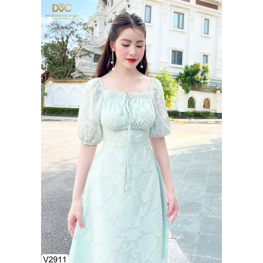 (kèm video + ảnh sàn)VÁY XANH HỌA TIẾT VÂN NỔI NHÚN NGỰC V2911  - DOLCE VIVA COLLECTION