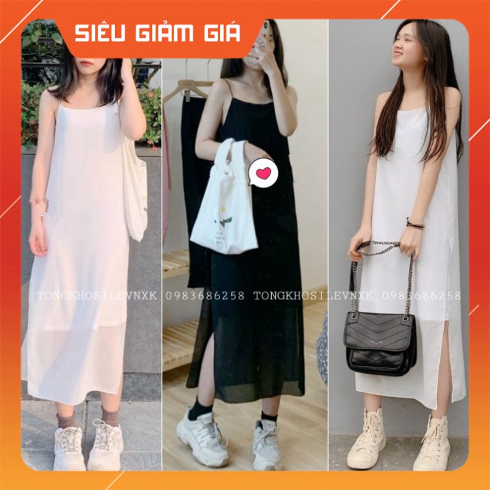 VÁY HAI DÂY MAXI VOAN DÀI HOT - ĐẦM SUÔNG 2 LỚP MÀU TRẮNG ĐEN [ Cực chất ]
