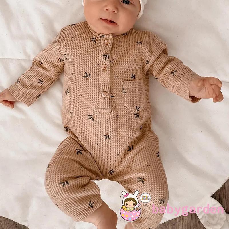 Bộ Áo Liền Quần Tay Dài Cổ Tròn Cài Nút In Hoa Thời Trang Xuân Thu Cho Bé 0-12 Tháng Tuổi