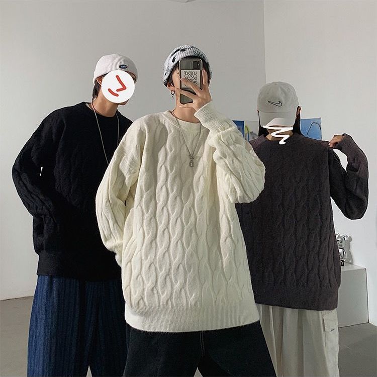 Áo Sweater Dệt Kim Dày Dặn Dáng Rộng Màu Sắc Đơn Giản Phong Cách Hàn Quốc Cho Cặp Đôi