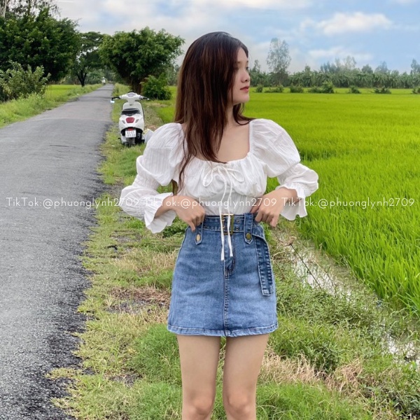 Áo kiểu tay dài cổ vuông cột nơ, áo trễ vai tay bồng ,áo bánh bèo babydoll chất đũi mềm siêu xinh PLA39