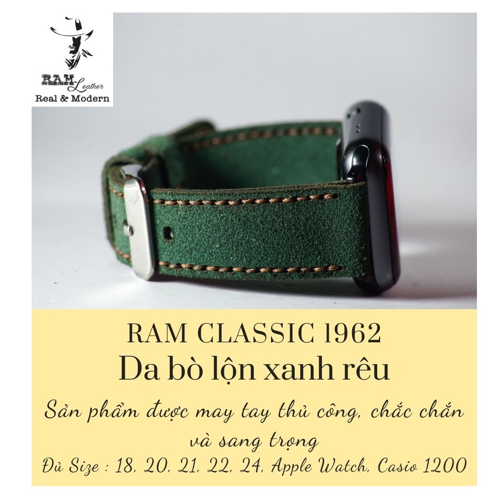 Dây đồng hồ da bò lộn màu xanh lục hamdmade RAM Leather 1962 - tặng khóa chốt và cây thay dây