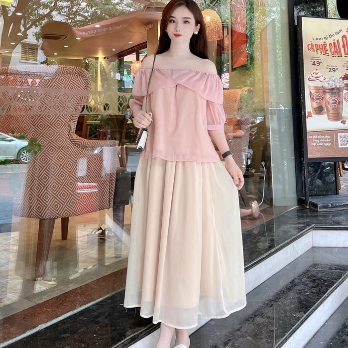 Set Đồ Nữ Đi Chơi Siêu Xinh Set Áo Chân Váy Chữ A Dài Qua Gối Dễ Thương Kèm Áo Sơ Mi Trễ Vai PRETTY CLOSET sTYLE Hàn V30