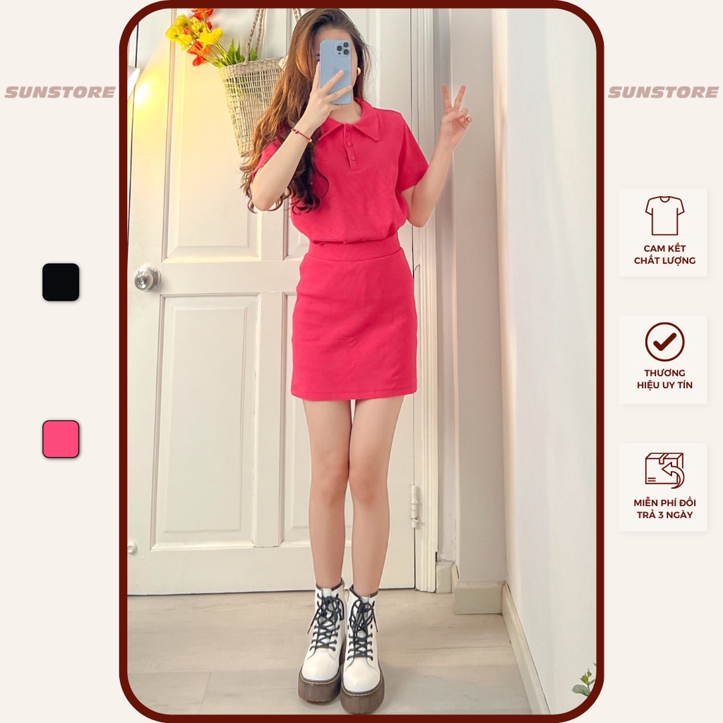 Set bộ gồm áo thun polo và chân váy ôm body 2 màu hồng và đen