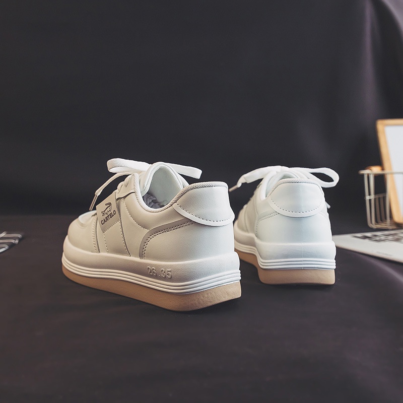 Giày thể thao IELGY bằng da sợi nhỏ đế dày cổ thấp màu trắng hợp thời trang cho nữ