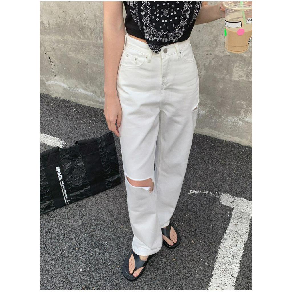 Quần Jean Nữ Lưng Cao Ống Rộng Rách Gối Thời Trang 43400