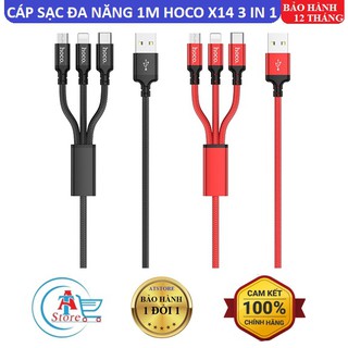 Cáp Sạc Đa Năng Dây Dù 3 Đầu Hoco X14 3 in 1 Chính Hãng - Dài 1m Chống Đứt