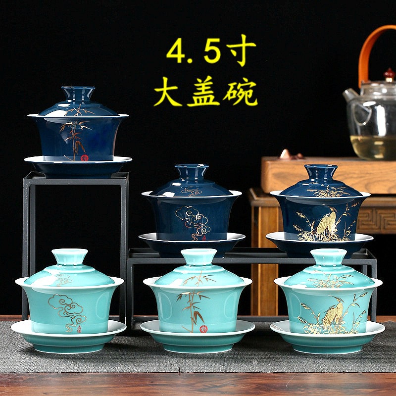 Bộ chén trà bằng sứ cỡ lớn 16cm màu xanh dương có nắp đậy tiện dụng