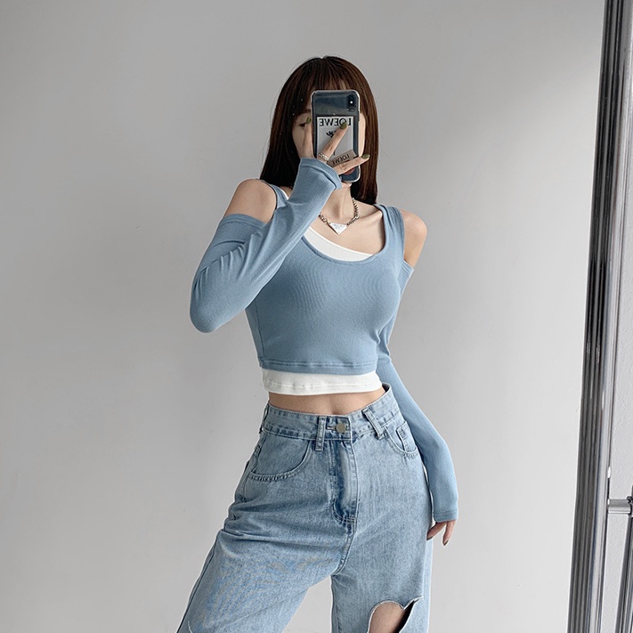 Áo Kiểu Tay Dài Hở Vai Giả Hai Lớp Màu Sắc Tương Phản Thời Trang Dành Cho Nữ