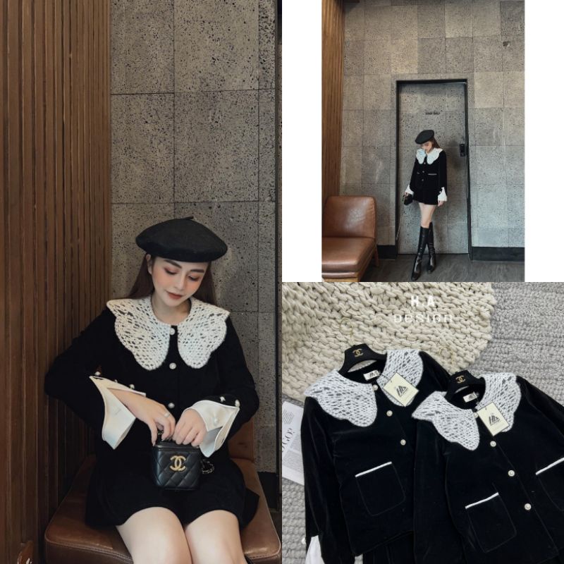 Set Nhung Nữ Ms.1821 Áo Nhung Dáng Suông Cổ Sen Zen Đính Cúc Ngọc, Thiết Kế Tay Xẻ, Phối Chân Váy Xếp Ly Xòe, Chất Nhung