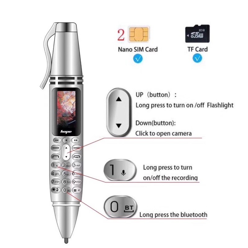 Điện thoại cây bút Hope AK007 2 sim có chức năng thay đổi giọng nói | BigBuy360 - bigbuy360.vn
