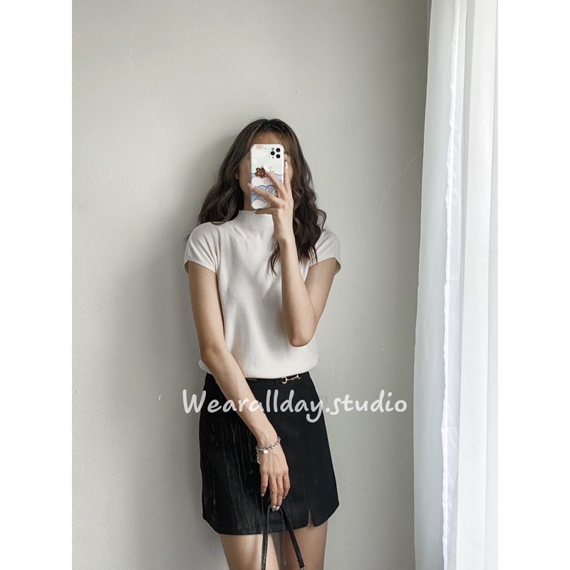 Set Áo Len Ngắn Tay Cổ 3p Chân Váy Chữ A Chất Dạ