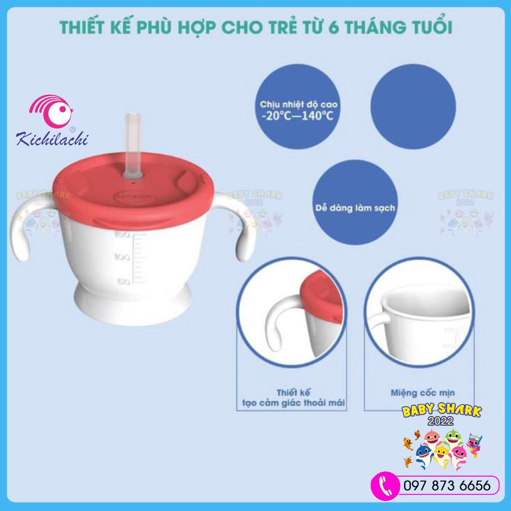 [Tặng cọ ống hút] Cốc tập uống, tập hút 3 giai đoạn Kichilachi Nhật Bản tiện lợi cho bé có vạch chia ml