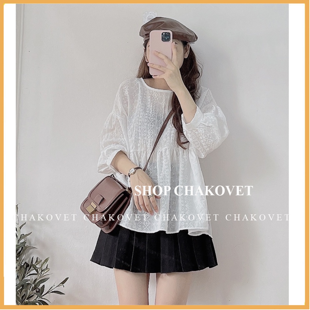Áo sơ mi nữ tay dài form rộng CKA877, kiểu áo nữ dáng babydoll cổ tròn tay bồng hoa văn dập nổi style hàn quốc cực xinh