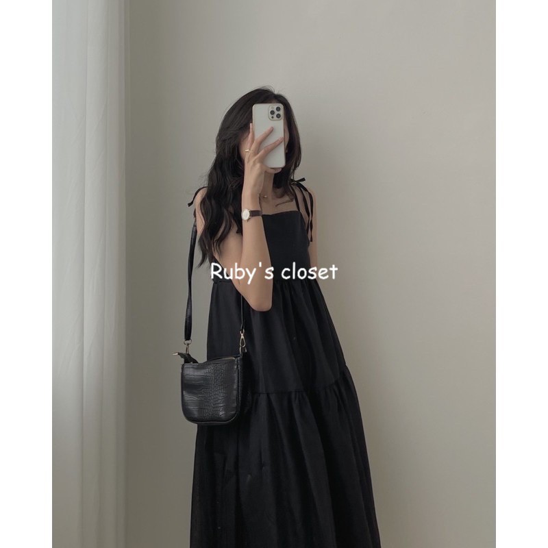 Váy hai dây dáng dài - Đầm voan tơ buộc vai 2 lớp 2 màu (đen, be)