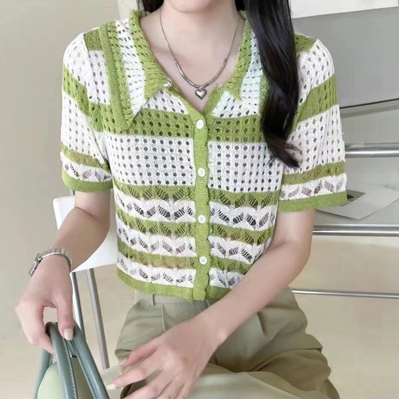 Áo Cardigan Dệt Kim Tay Ngắn Kẻ Sọc Màu Sắc Tương Phản Kiểu Hàn Quốc Thời Trang Mùa Hè Cho Nữ