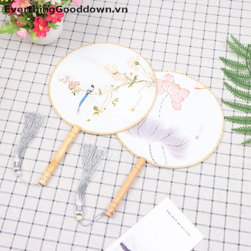 Everthinggooddown Quạt Tròn Cầm Tay Bằng Gỗ In Họa Tiết Phong Cách Trung Hoa Cổ Điển