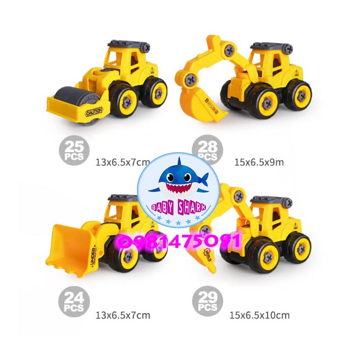Xe tải,máy xúc,máy cẩu, xe lu, xe trộn bê tông, xe khoan tháo lắp kem tô vít cho bé