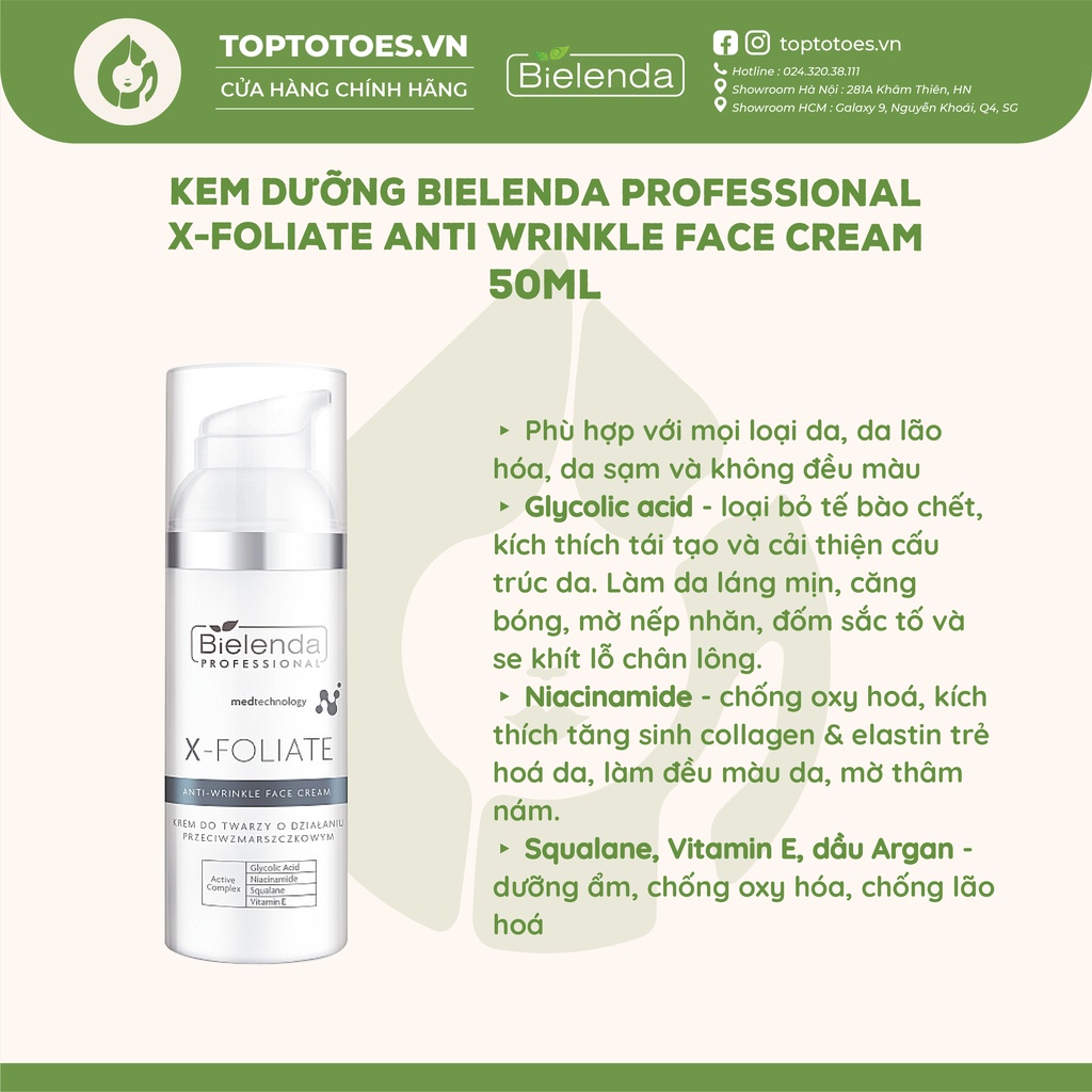 Kem dưỡng trẻ hóa da Bielenda Professional X-Foliate Anti Wrinkle Face Cream dưỡng ẩm và chống lão hoá - 50ml