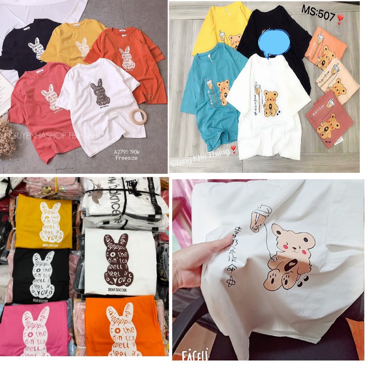 [FULL SIZE + ẢNH THẬT ] Áo Thun Dáng Rộng Giấu Quần Freesize, Phông In Hình GẤU THỎ Unisex Cực Xinh