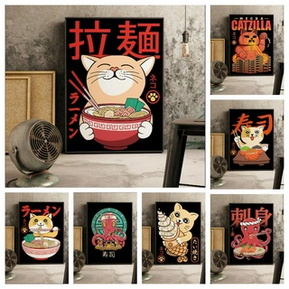 Tranh Treo Tường Vải Canvas In Hình Sushi Kiểu Vintage Nhật Bản Dễ Thương