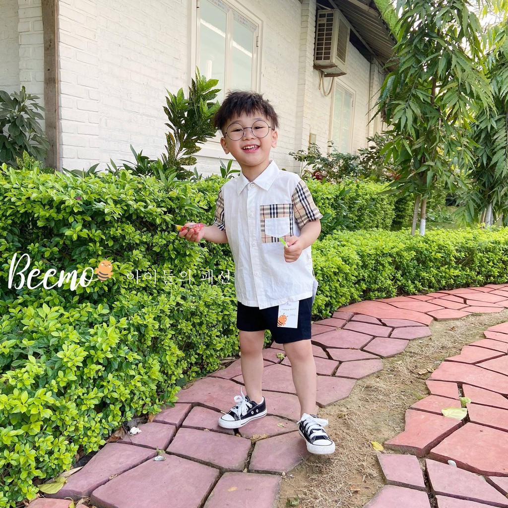 Set sơmi công tử Beemo - Chất liệu thô boil mix vải kẻ kết hợp cùng quần kaki, bé mặc cực kì bảnh trai