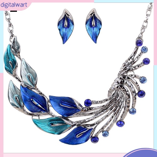 Bộ dây chuyền và khuyên tai hình lông công đính kim cương giả phong cách cổ điển