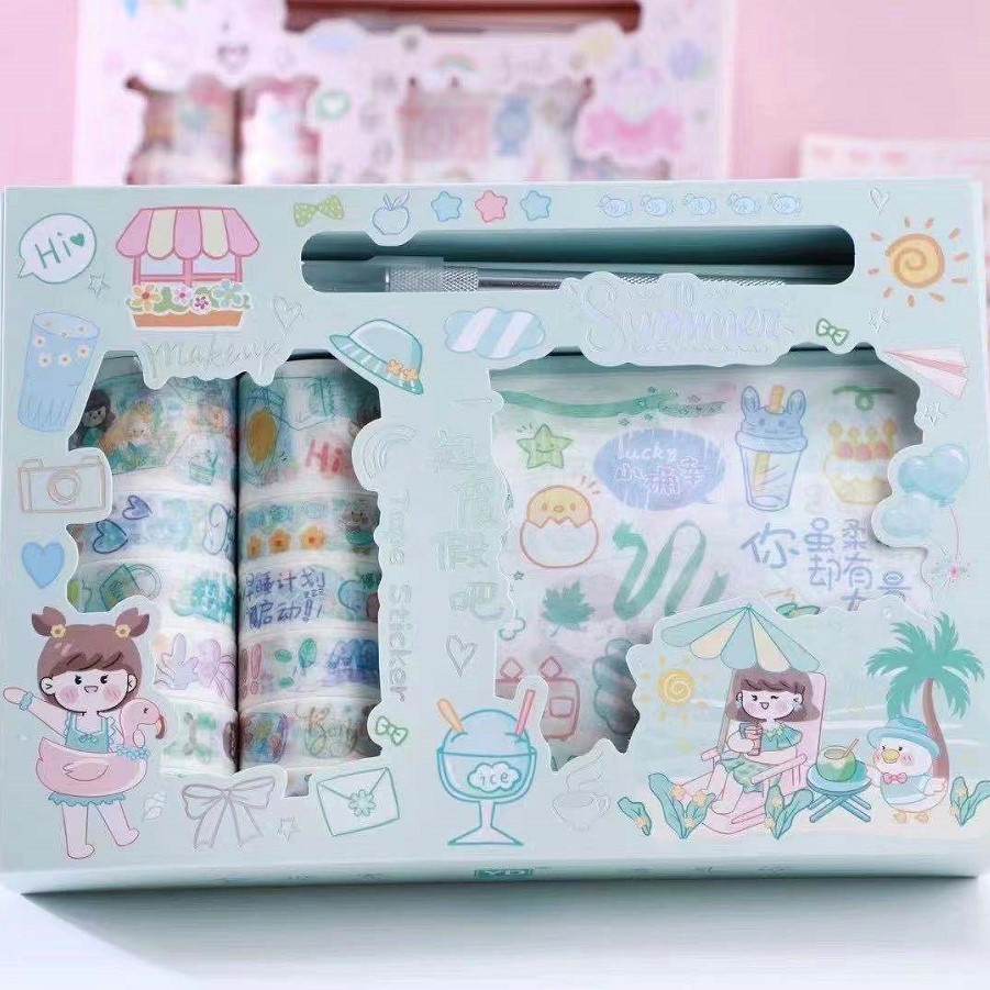 Hộp 23 món băng dính washi tape + sticker nhiều hình cute dễ thương dùng trang trí album sổ lưu niệm CREAMY WST166