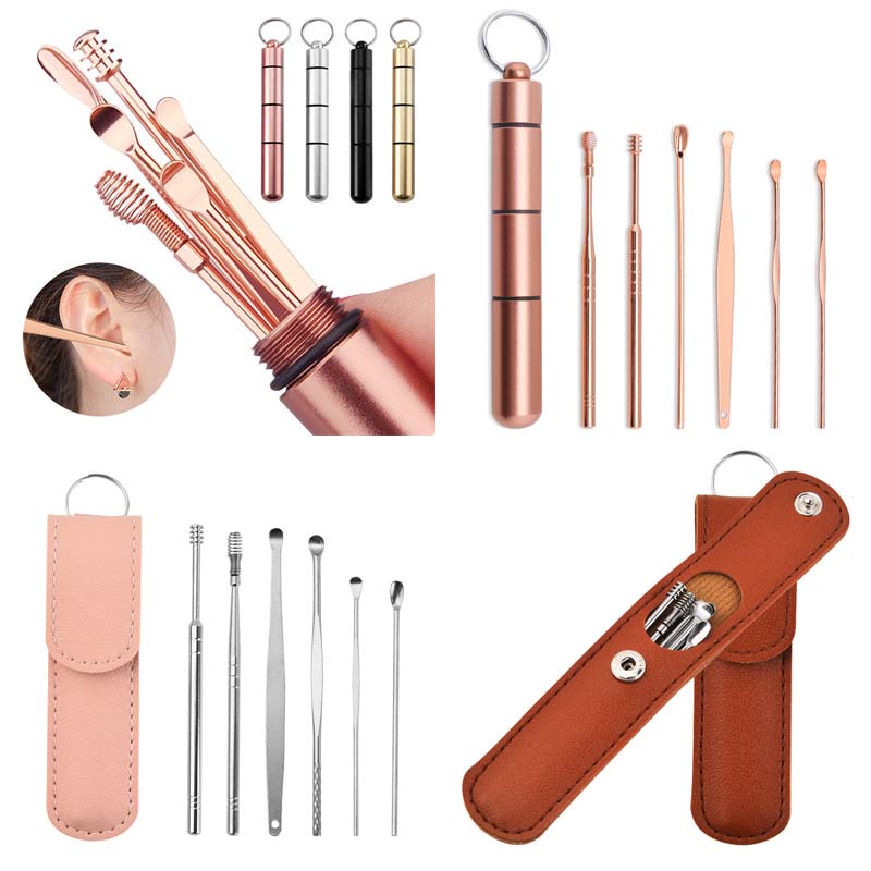 [Hàng mới về] Set dụng cụ vệ sinh tai hai đầu 6 trong 1 bằng thép không gỉ kèm móc khóa