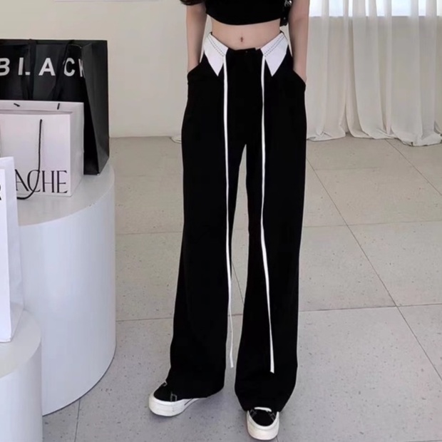 Quần Dài Lưng Cao Ống Rộng Màu Đen Phối Dây Rút Thời Trang Cá Tính Cho Nữ