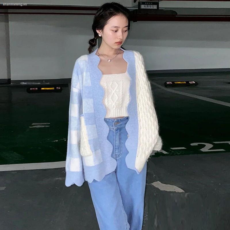 Áo Khoác Cardigan Dệt Kim Dáng Rộng Phối Màu Xanh Dương Và Trắng Thời Trang Mùa Thu Mới Cho Nữ 2021