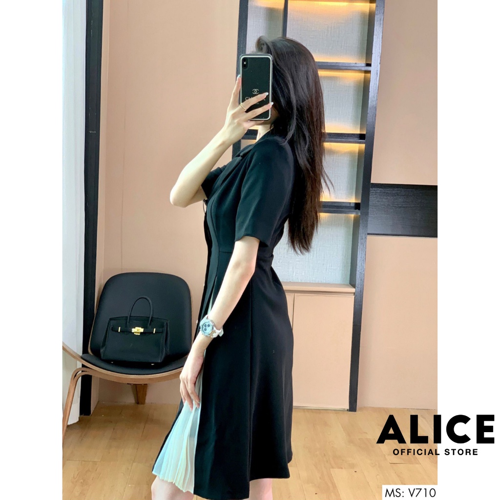 Đầm Công Sở Cổ Vest Phối Dập Ly ALICE V710, Váy Đen Thiết Kế Tôn Dáng Sang Trọng | BigBuy360 - bigbuy360.vn