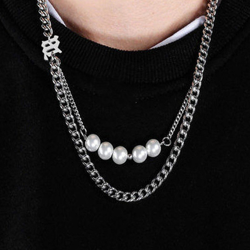 Dây Chuyền Cuba Bằng Thép Titan Đính Ngọc Trai 191120Dây Chuyền Sợi Xích Đôi Phong Cách Hip Hop Thời Trang Cá Tính