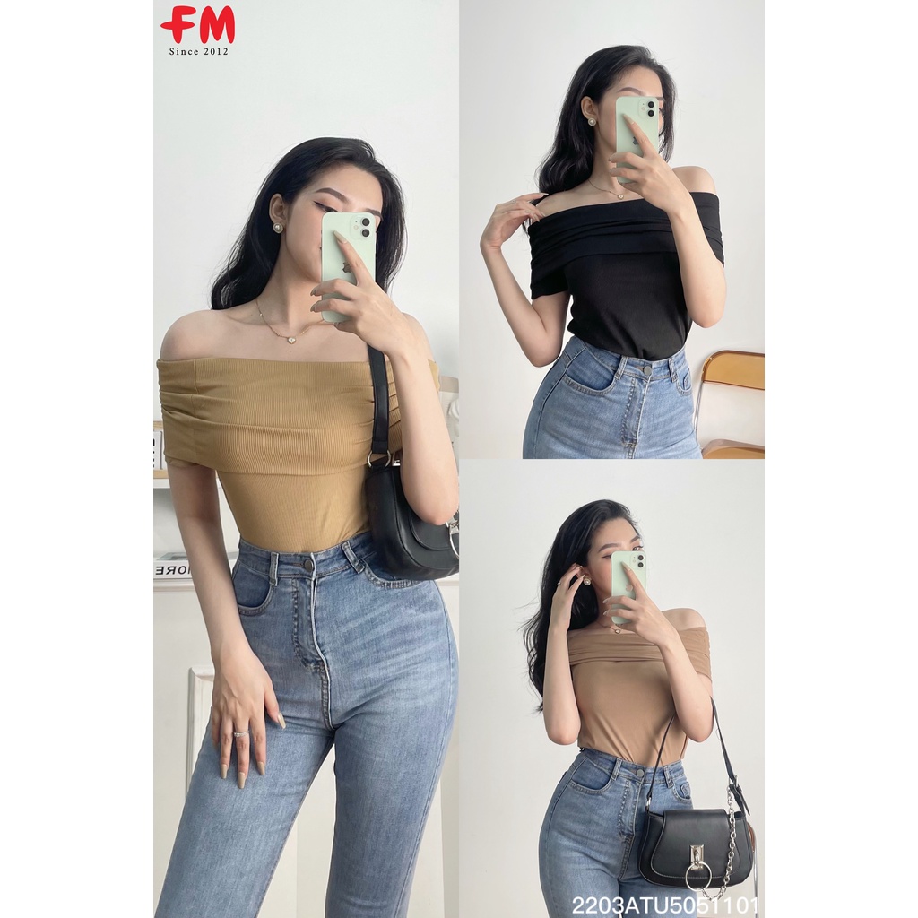 Áo kiểu trễ vai FM Style tay ngắn ôm body chất len tăm xịn thời trang phong cách sexy Hàn Quốc 220311042