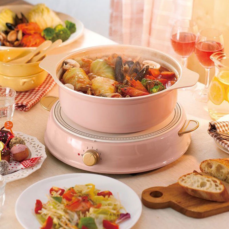 Set bếp điện từ kèm nồi sứ tráng men chống dính IRIS OHYAMA cao cấp nhật bản  màu hồng/xanh/trắng bảo hành