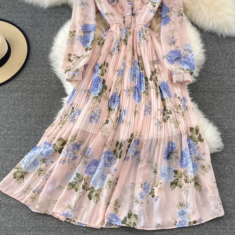 #1848   Đầm siêu cổ tích cổ đứng bèo nhún xếp ly voan hoa trang nhã khí chất váy dài xòe rộng 6 màu
