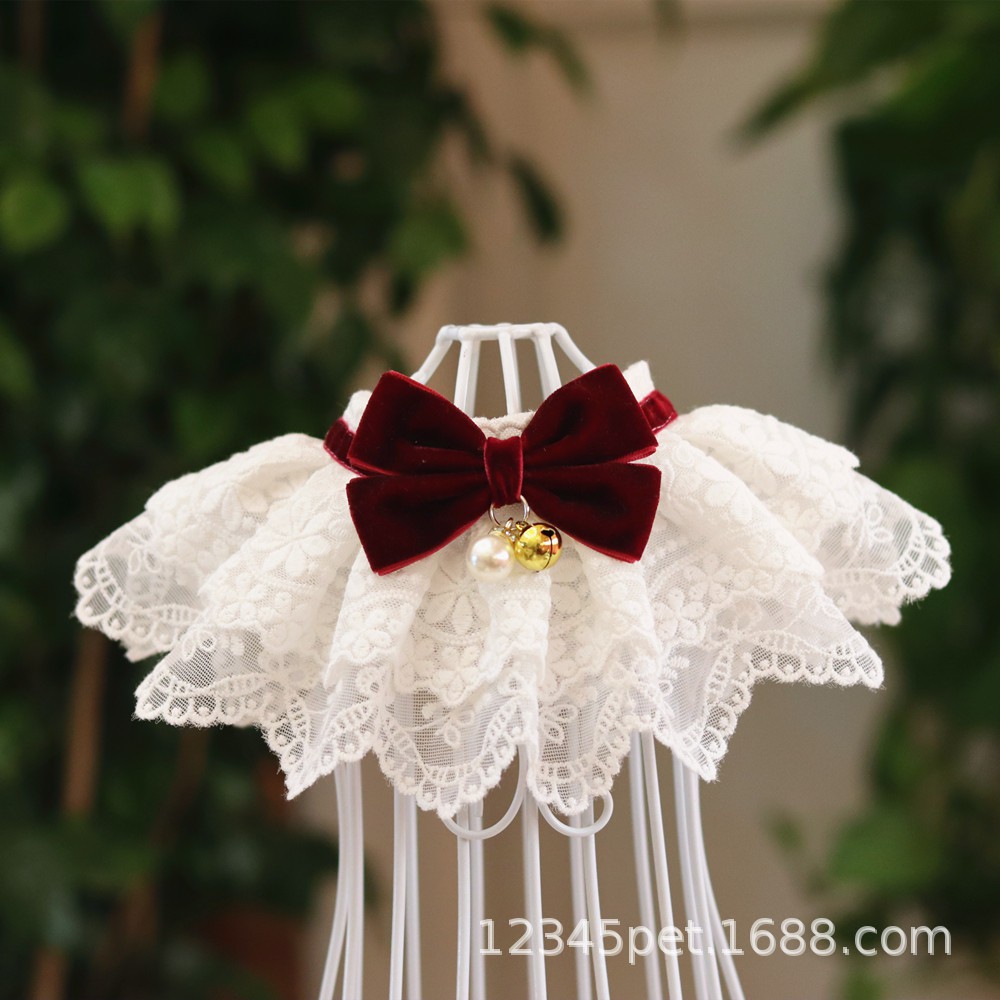 Vòng yếm ren đeo cổ CAMQUYTSTORE nơ nhung cho chó mèo