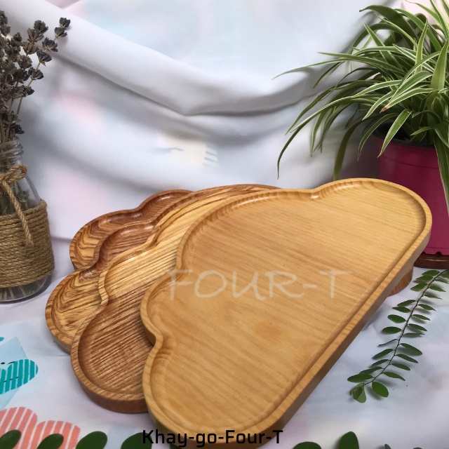 Khay Gỗ Decor Đựng Thức Ăn Thớt Gỗ Trang Trí Nguyên Khối Hình Mây Đựng Ấm Trà Mứt Tết Đẹp Dai Bền, Four-T Shop