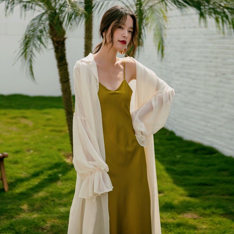 Áo Khoác cardigan chiffon Mỏng Dáng Dài Tay Phồng Chống Nắng Phong Cách Phương Tây Thời Trang Mùa Hè Cho Nữ