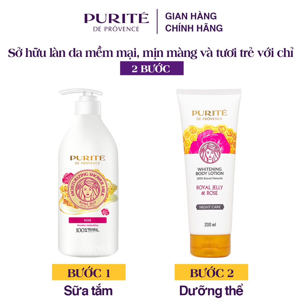 Sữa Tắm Purité Dưỡng Ẩm Sữa Ong chúa &amp; Hoa Hồng 850ml